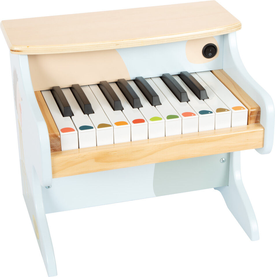 Kleines Kinderklavier aus Holz mit bunten Tasten in hellblau und naturholztönen. Das Musikinstrument hat einen abgerundeten Aufbau und ist robust gestaltet, ideal für Kleinkinder geeignet.