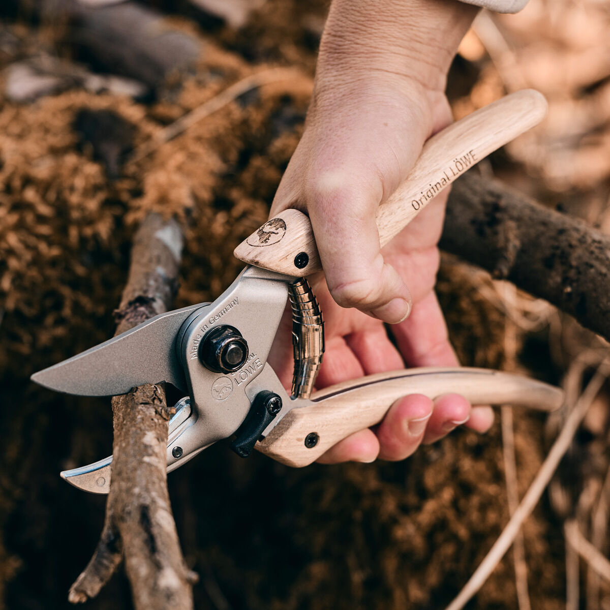 Eine Person hält eine Original Löwe Hybrid Schere mit Holzgriff und schneidet damit einen Ast. Im Hintergrund sind braune Naturmaterialien und ein unscharfer Waldboden sichtbar.