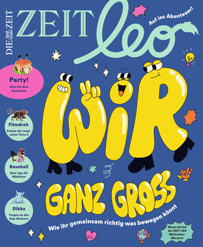 Das Cover des ZEIT LEO Magazins 'Wir ganz groß' zeigt bunte illustrierte Buchstaben, die als Figuren mit Armen und Beinen gestaltet sind. Umgeben sind sie von spielerischen Icons und kurzweiligen Texten, die zum Mitmachen und Entdecken einladen. Der Hintergrund ist blau gehalten, die Buchstaben sind überwiegend gelb. Im oberen Bereich befindet sich das Logo von ZEIT LEO.