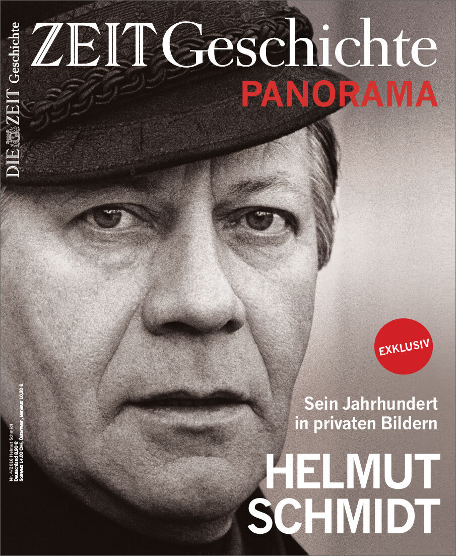 Schwarz-Weiß-Porträt von Helmut Schmidt auf dem Cover des Magazins ZEIT Geschichte PANORAMA mit rotem Titeltext. Darunter steht: Exklusiv - Sein Jahrhundert in privaten Bildern. Zu sehen ist der Titel HELMUT SCHMIDT.