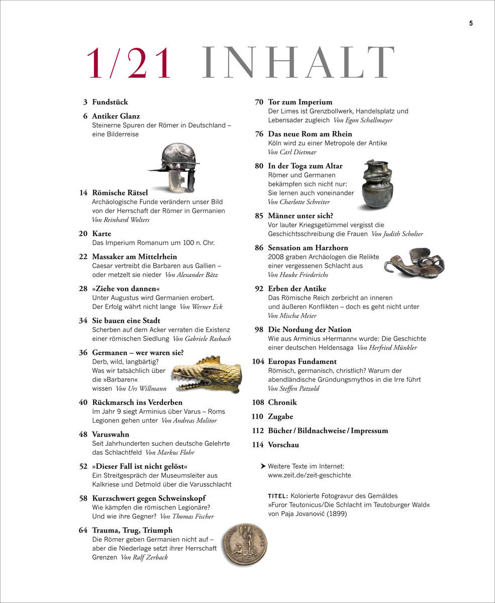 Inhaltsverzeichnis der Zeitschrift 'ZEIT GESCHICHTE 1/21 Die Römer in Germanien' mit verschiedenen Artikeln und Themen zu römischen Funden in Germanien. Enthält schwarze und rote Schrift auf weißem Hintergrund, sowie kleine Abbildungen von römischen Artefakten.