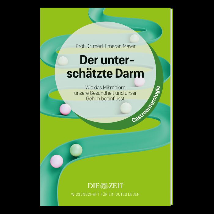 Buchcover der ZEIT-Edition »Wissenschaft für ein gutes Leben« mit dem Titel 'Der unterschätzte Darm' von Prof. Dr. med. Emeran Mayer. Das Cover zeigt eine stilisierte grüne Darmform mit bunten Kugeln vor grünem Hintergrund. Der Fokus liegt auf Themen wie Gesundheit, Mikrobiom und medizinischer Aufklärung.