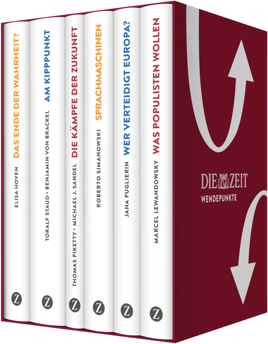 Die ZEIT-Edition »Wendepunkte« umfasst sechs gebundene Sachbücher mit weißem Buchrücken in einem bordeauxroten Schuber mit weißen Pfeilen. Die Titel thematisieren KI, Klimawandel, Populismus, Gerechtigkeit, Sicherheit und Fake News und sind deutlich farbig beschriftet.