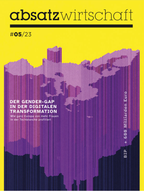 Cover der absatzwirtschaft Ausgabe 5/23 mit einem gelben Hintergrund und lila-gelber Grafik von Europa, die den Gender-Gap in der digitalen Transformation thematisiert.