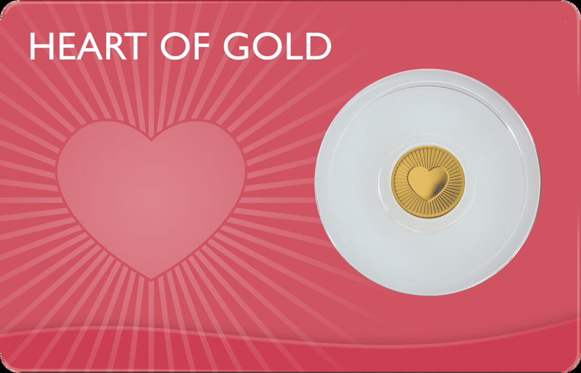 Bild einer Goldmünze mit Herzmotiv, platziert in einer weißen Halterung. Der Hintergrund ist in Rot gehalten mit einem größeren Herz und der Aufschrift 'Heart of Gold'.