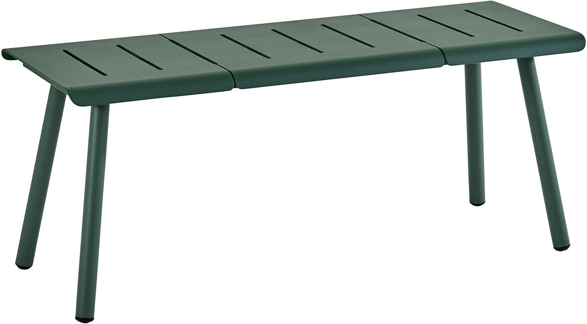 Grüne Metallbank 'VAPIO' als 2-Sitzer mit schlichten Linien und modernem Design, geeignet für den Außenbereich wie Garten oder Terrasse.