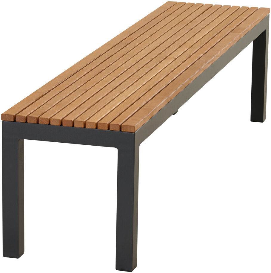 Eine moderne Holzbank mit einem schwarzen Stahlrahmen und einer hölzernen Sitzfläche. Die Bank hat ein minimalistisches Design und ist wetterfest, geeignet für Außenbereiche wie Gärten und Terrassen.