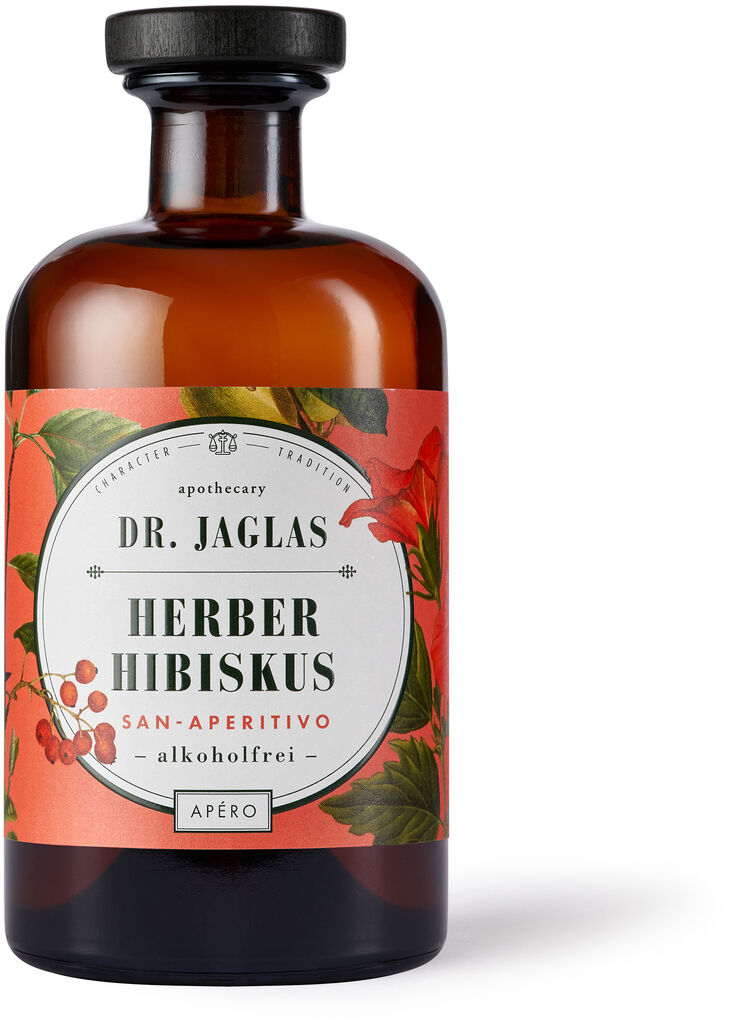 Braune Flasche des Alkoholfreier Aperitifs 'Herber Hibiskus' von Dr. Jaglas, mit einem Etikett in Weiß und farbigen Hibiskusblüten und Blättern dekoriert.