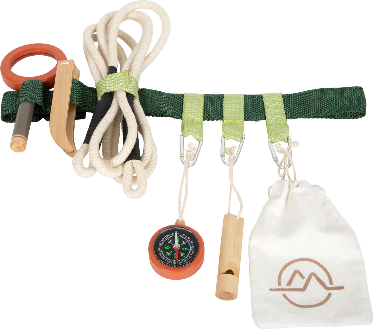 Ein grüner Entdeckergürtel für Kinder mit verschiedenen Werkzeugen wie Kompass, Lupe, Seil und einem kleinen Beutel, ideal für Outdoor-Abenteuer und Naturerkundung.