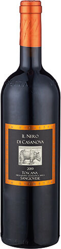 Flasche Rotwein der ZEIT Weinedition »Toskana« 2023 mit schwarzem Körper und orangem Etikett, beschrieben als Il Nero di Casanova 2009 Toscana Sangiovese.