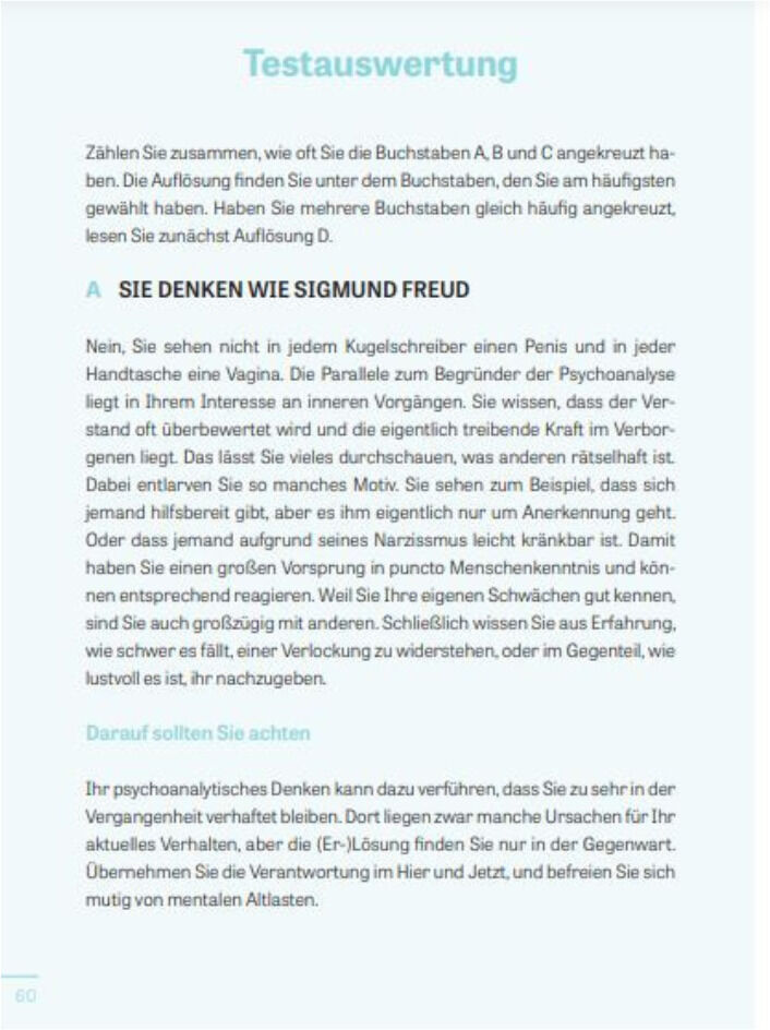 Ein Bild des Artikels ZEIT WISSEN »Das macht mich aus!«. Es zeigt eine Seite mit textueller Testauswertung zum Thema Persönlichkeitsanalyse, wobei der Test auf Sigmund Freuds Theorien basiert. Der Hintergrund ist hellblau mit weißen und schwarzen Texten.