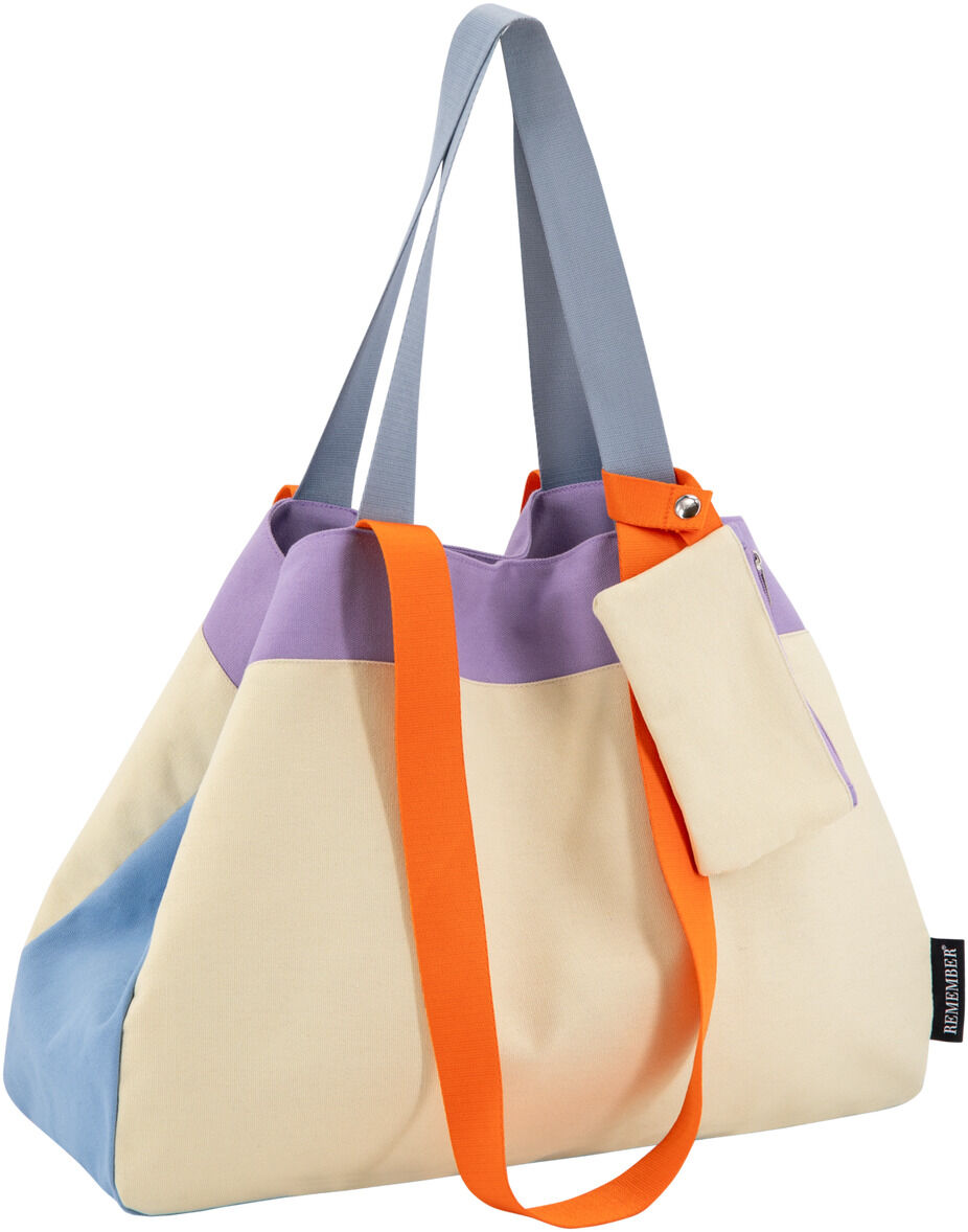Eine moderne Canvas Tasche mit einem farbenfrohen Design, bestehend aus Beige, Orange, Blau, Grau und Lila Farbtönen. Sie ist geräumig und hat einen langen Schulterriemen.