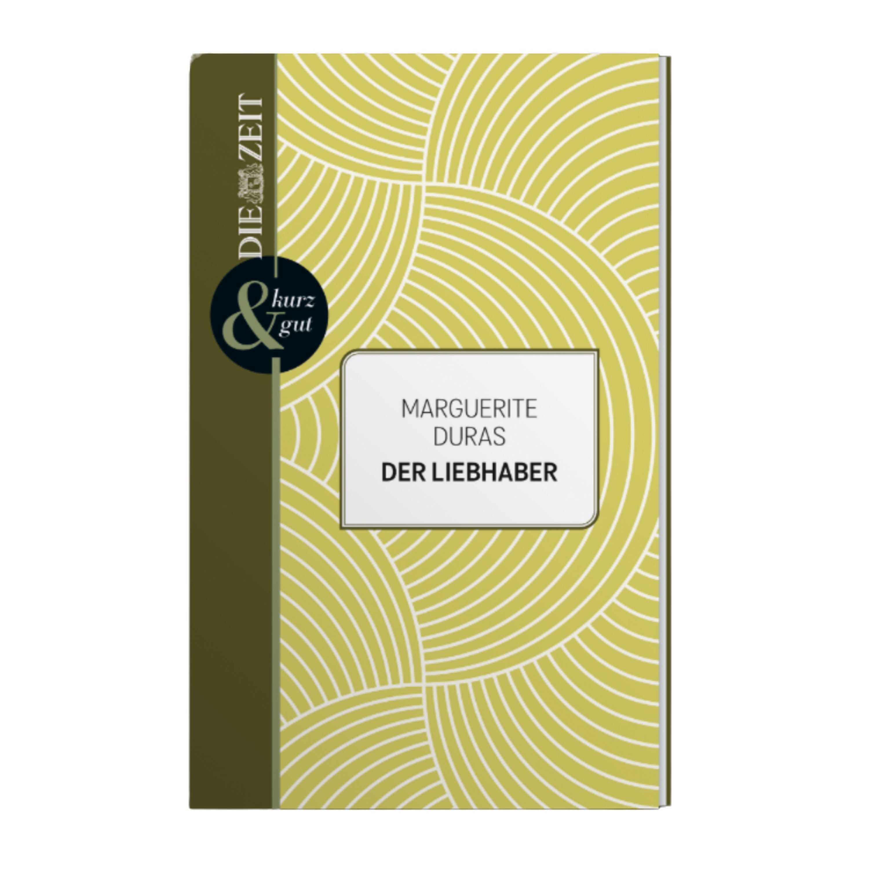 Buchcover von 'Der Liebhaber' von Marguerite Duras aus der ZEIT-Edition 'kurz & gut'. Das Cover zeigt ein grafisches Muster in Hellgelb und Weiß mit einem olivgrünen Streifen am Rand sowie dem ZEIT-Logo. Titel und Autorenname sind in einem weißen Feld mittig platziert.