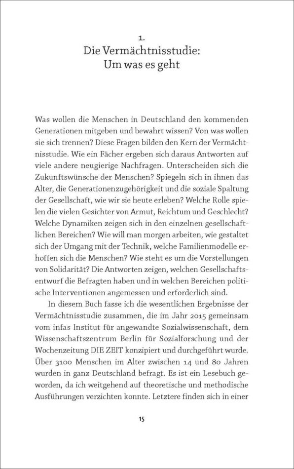 Eine Buchseite aus dem Werk 'Das Land, in dem wir leben wollen'. Die Überschrift lautet 'Die Vermächtnisstudie: Um was es geht' gefolgt von ein paar Absätzen Text. Das Layout ist schlicht mit schwarzem Text auf weißem Hintergrund.