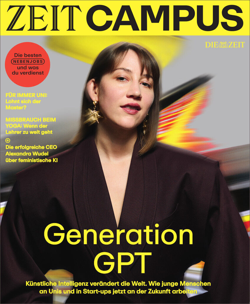 ZEIT CAMPUS 3/24 Magazin mit dem Titel 'Generation GPT'. Eine junge Frau im Fokus, umgeben von dynamischen Farben. Schlagzeile über die Veränderung durch künstliche Intelligenz.