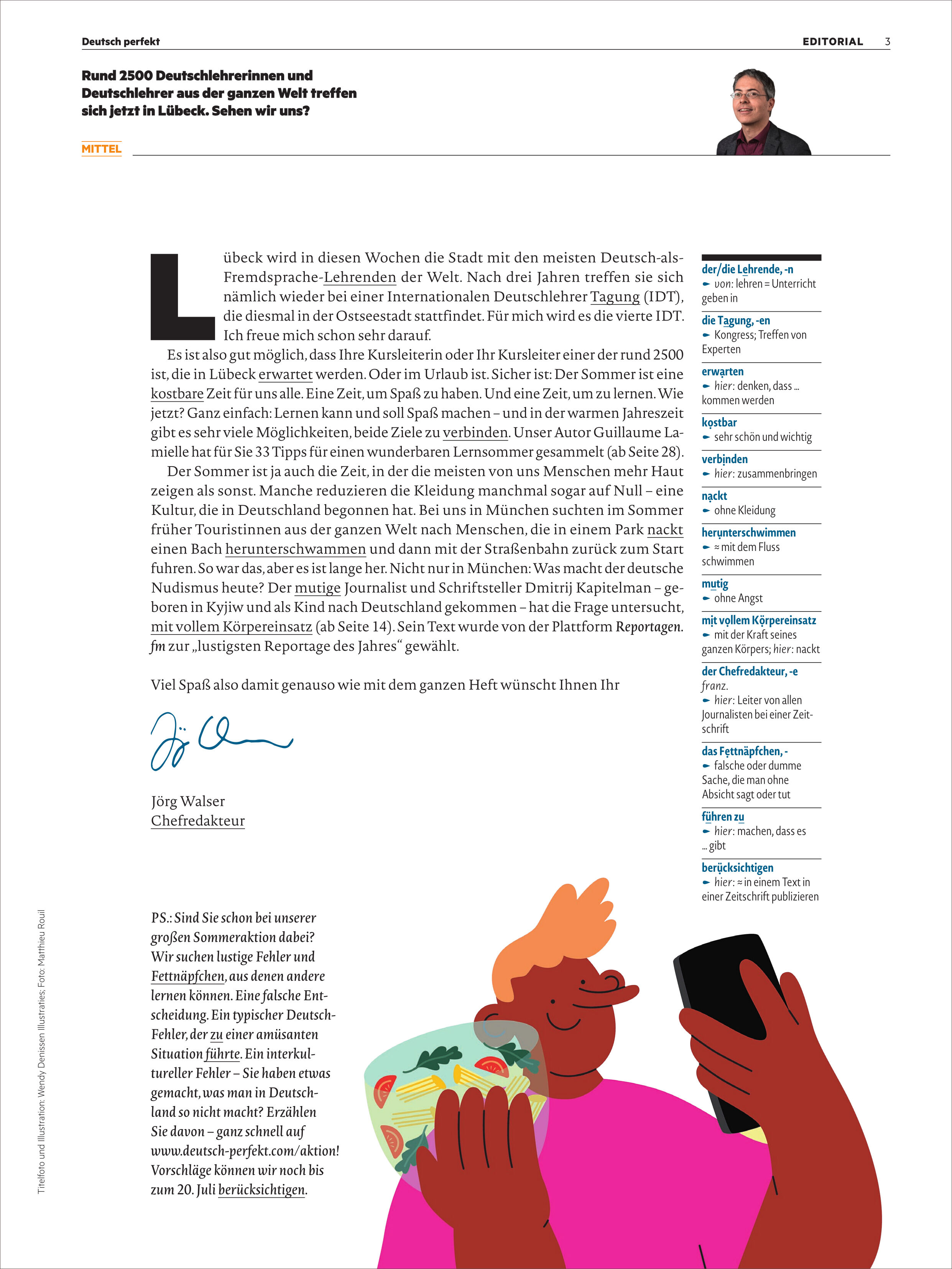 Titelseite des Deutsch perfekt Magazin 9/2025 mit Editorialtext, kleinem Foto eines Redakteurs, einer Comic-Illustration einer Person mit Smartphone sowie thematischem Fokus auf Deutsch lernen und Bildung.