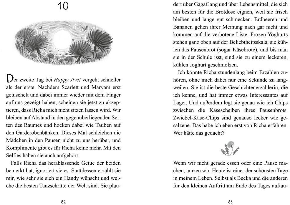 Ein aufgeschlagenes Buch auf den Seiten 82 und 83. Die linke Seite zeigt die Kapitelnummer 10 und enthält schwarz-weiße Zeichnungen von Bäumen und Pflanzen. Beide Seiten sind mit Text in deutscher Sprache bedruckt.