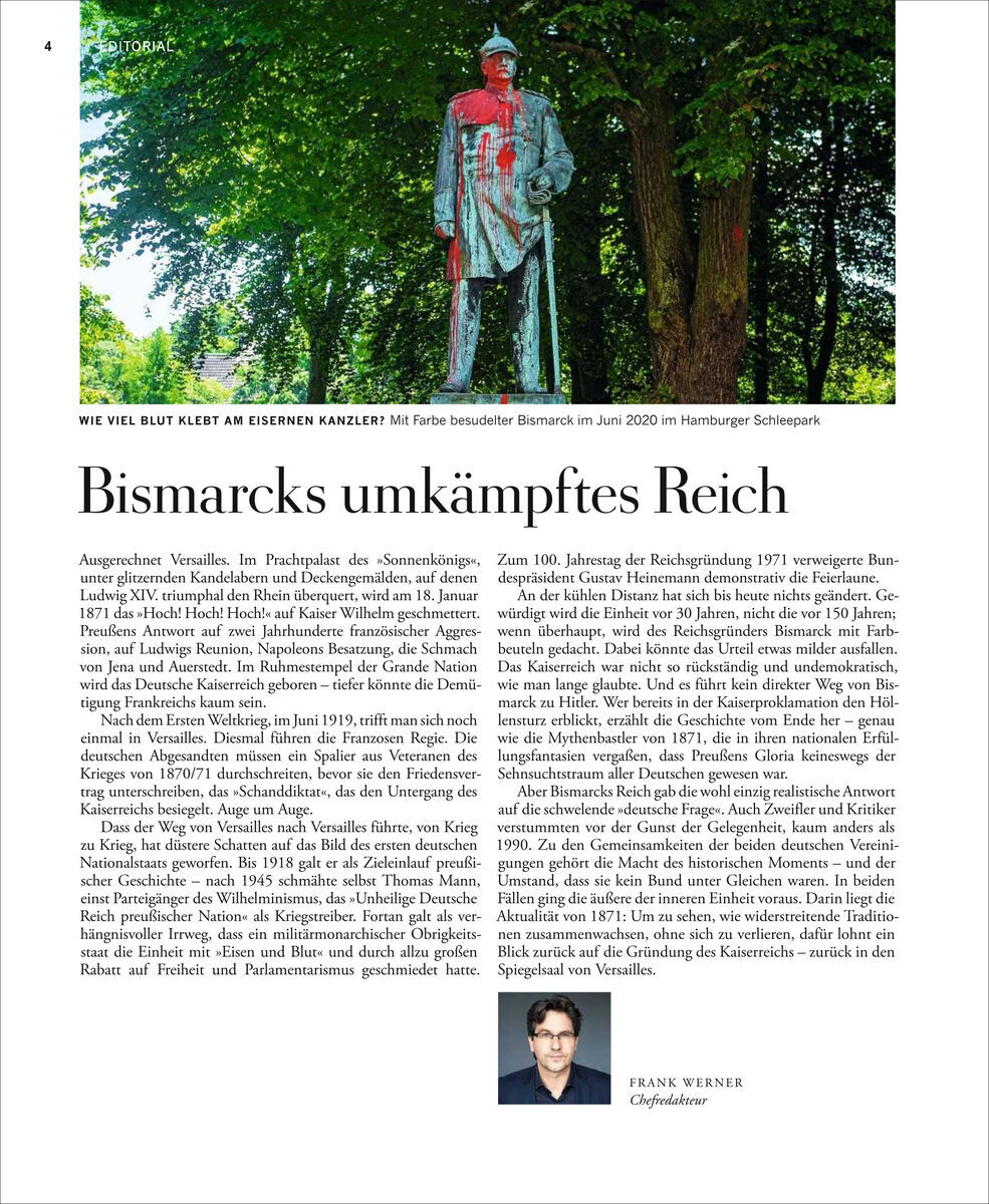 Seite aus einem Geschichtsmagazin mit dem Titel 'Bismarcks umkämpftes Reich'. Oben ist ein Denkmal von Bismarck mit in Rot bemaltem Körper zu sehen, darunter folgt der Text, der die Ereignisse des Deutsch-Französischen Krieges von 1870-71 und die Gründung des Kaiserreichs beschreibt. Ein kleineres Foto unten zeigt den Autor Frank Werner.