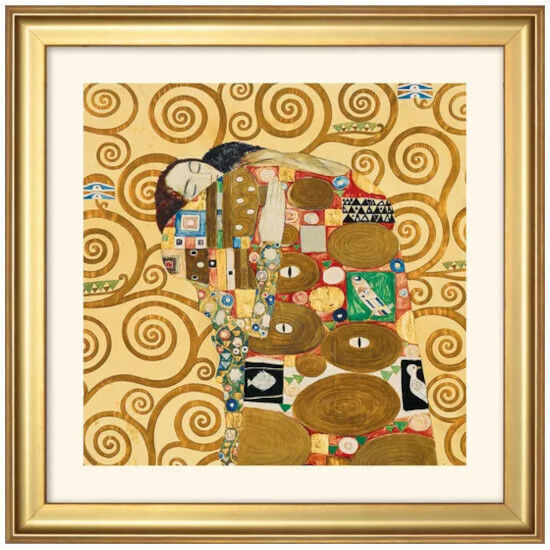 Ein Kunstdruck von Gustav Klimt im goldenen Rahmen, der eine künstlerische Darstellung von miteinander verbundenen Figuren mit dekorativen, goldenen Ornamenten zeigt.