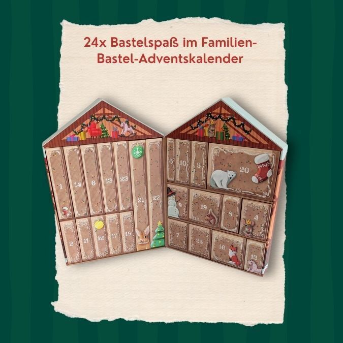 Der Adventskalender »Bastel-Adventskalender für die ganze Familie« von TOPP/frechverlag ist in Hausform gestaltet, mit 24 nummerierten Türchen und winterlichen Illustrationen. Der Kalender fördert kreativen Bastelspaß für Familien und ist für Kinder ab 5 Jahren geeignet.
