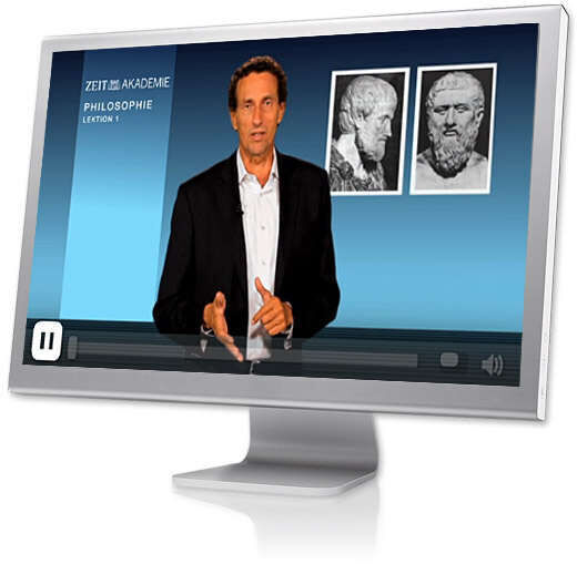 Ein Computermonitor zeigt einen Online-Kurs mit dem Titel 'Philosophie'. Ein Lehrer spricht vor zwei eingeblendeten Porträts von Philosophen. Die Benutzeroberfläche des Video-Players ist sichtbar.