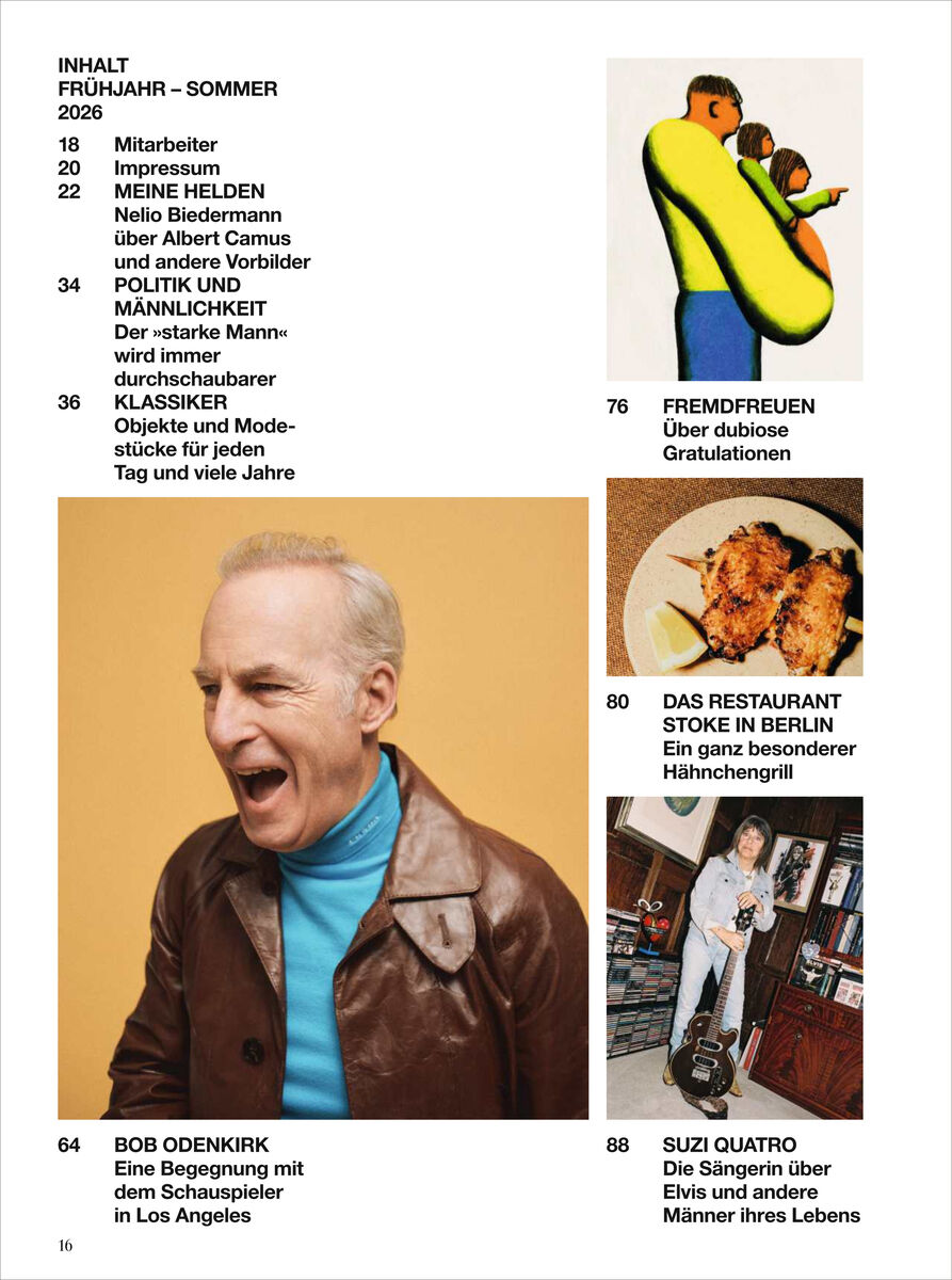 Detailliertes Inhaltsverzeichnis des ZEITmagazin MANN mit sechs gelisteten Rubriken. Rechtsseitig begleiten vier Farbfotos: ein Kunstmotiv mit zwei Figuren, ein Grillgericht, ein lachender Mann in Lederjacke (Bob Odenkirk) und eine Frau mit Gitarre. Sachliche, moderne Gestaltung mit klar strukturierten Texten auf weißem Hintergrund.