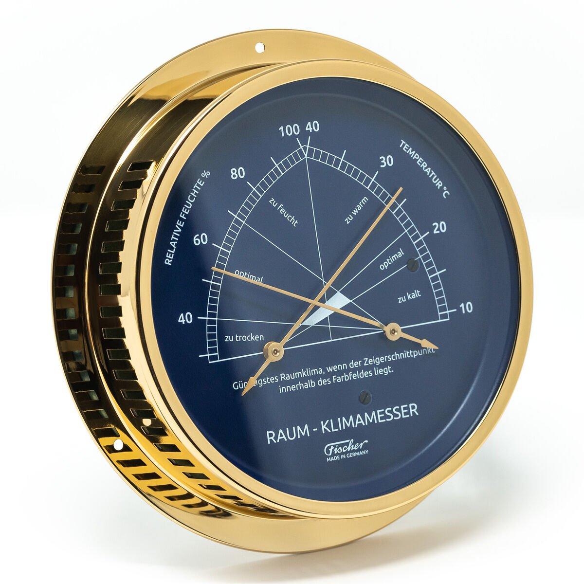 ZEIT Sonderedition Raumklimamesser mit blauem Zifferblatt und poliertem messingfarbenem Gehäuse. Das Instrument zeigt Temperatur und Luftfeuchtigkeit an und vereint technisches Design mit dekorativer Optik.