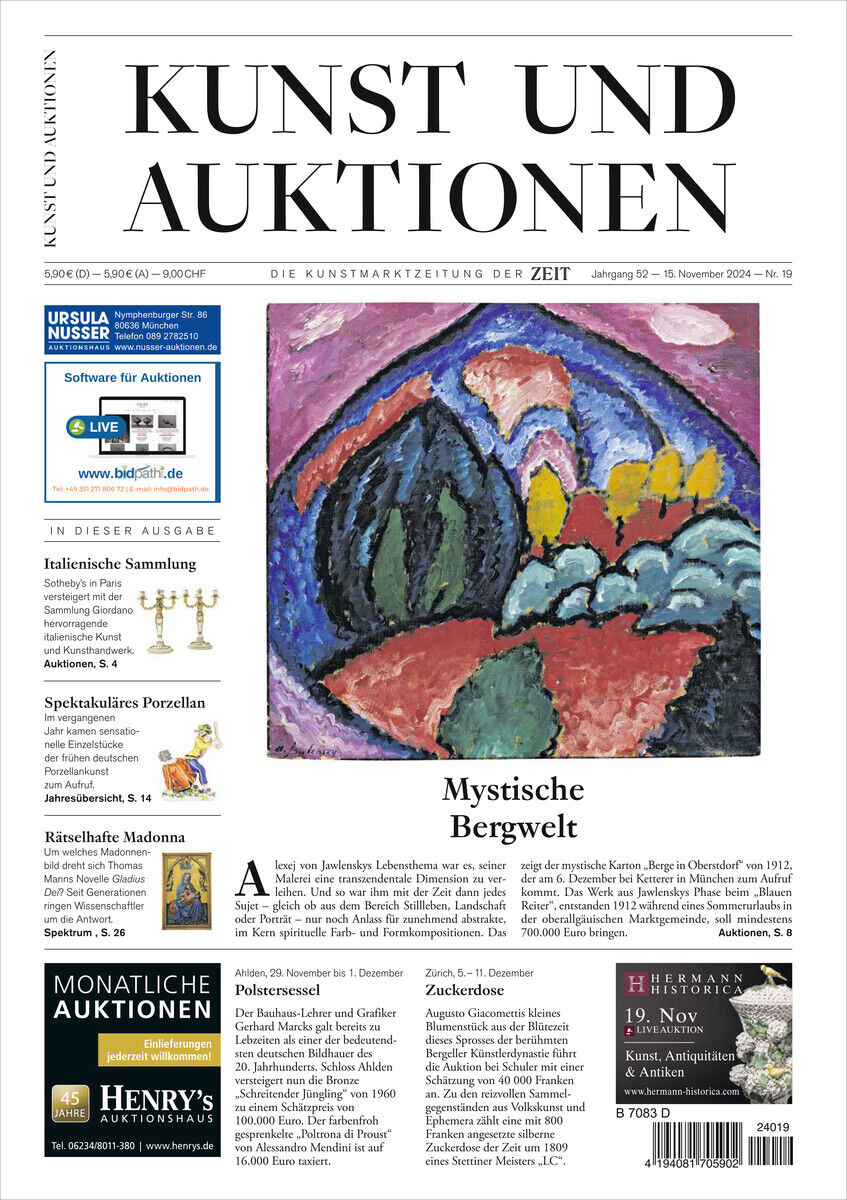 Titelblatt der Zeitschrift 'KUNST UND AUKTIONEN 19/24' mit einem modernen Gemälde einer mystischen Bergwelt und Informationen zu Kunstauktionen, Auktionshäusern und Kunstmarkttrends.