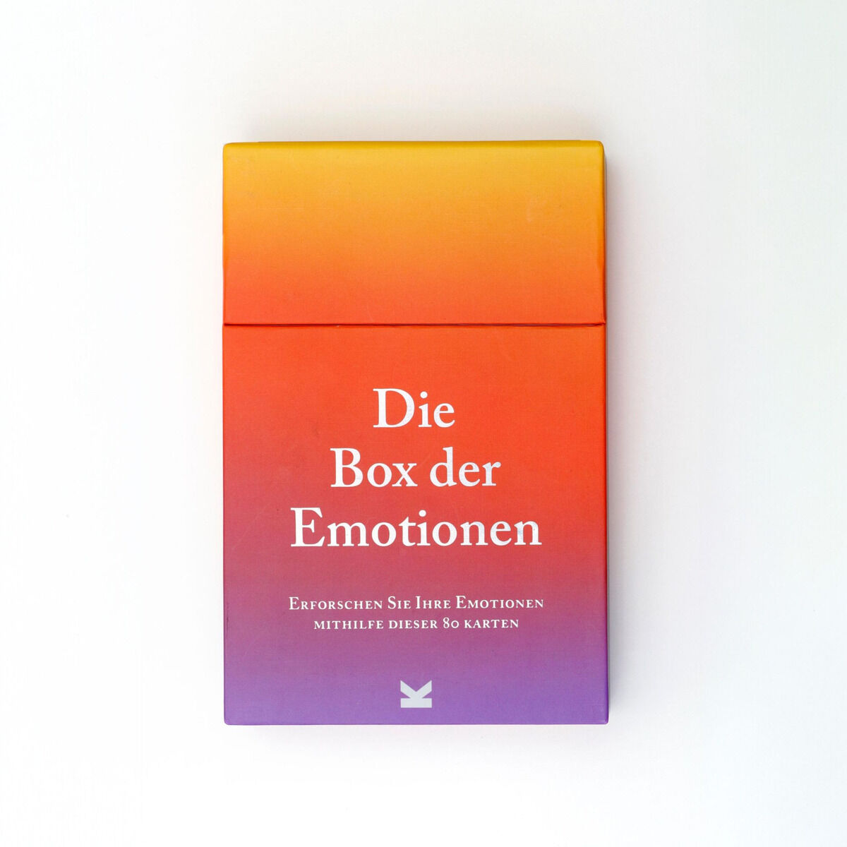 Die Box der Emotionen, ein Produkt zur emotionalen Selbstreflexion mit verschiedenen Karten, in einem orange-rot-violett farbigen Verlauf designt, mit weißem Text.