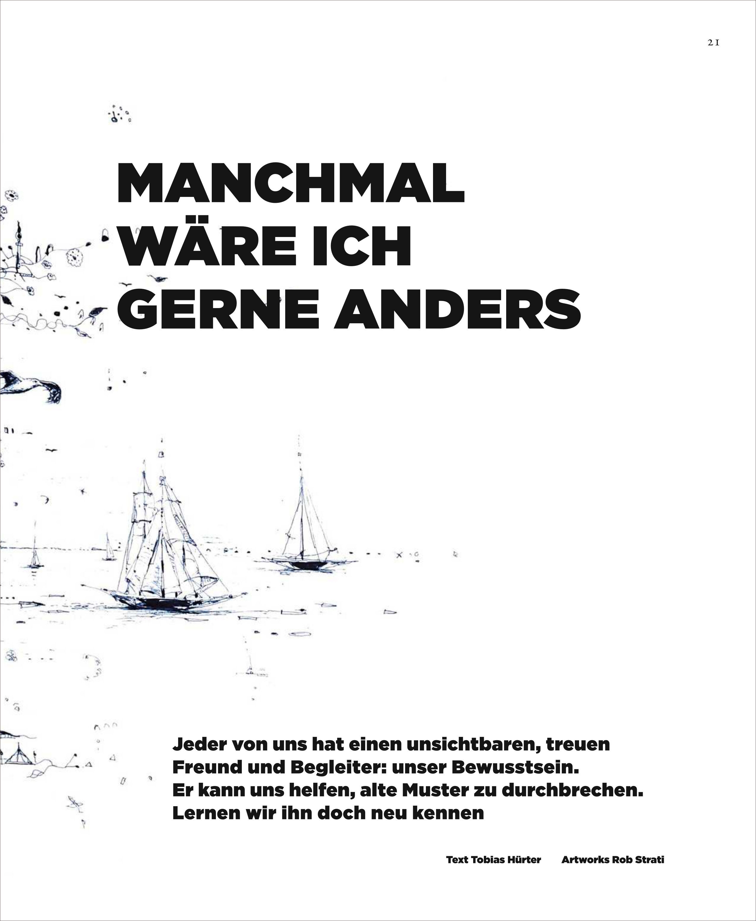 Titelseite eines Magazins mit großem, schwarzen Text: "MANCHMAL WÄRE ICH GERNE ANDERS" auf weißem Hintergrund. Links sind stilisierte Zeichnungen von Segelbooten und Wasser, teils nur skizzenhaft angedeutet. Unten erläuternder Text über Bewusstsein und Selbstfindung.