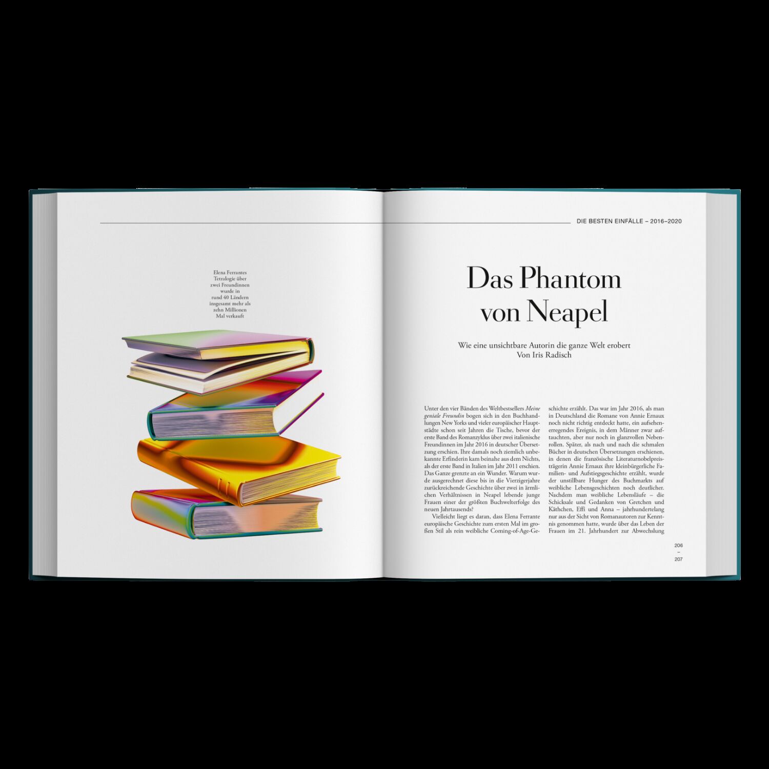 Aufgeschlagenes Buch der ZEIT-Edition »Die besten Einfälle des 21. Jahrhunderts« mit einer farbenfrohen Illustration von gestapelten Büchern auf der linken Seite und einem Textbeitrag mit der Überschrift ‚Das Phantom von Neapel‘ auf der rechten Seite. Das Layout ist klar und modern gestaltet.