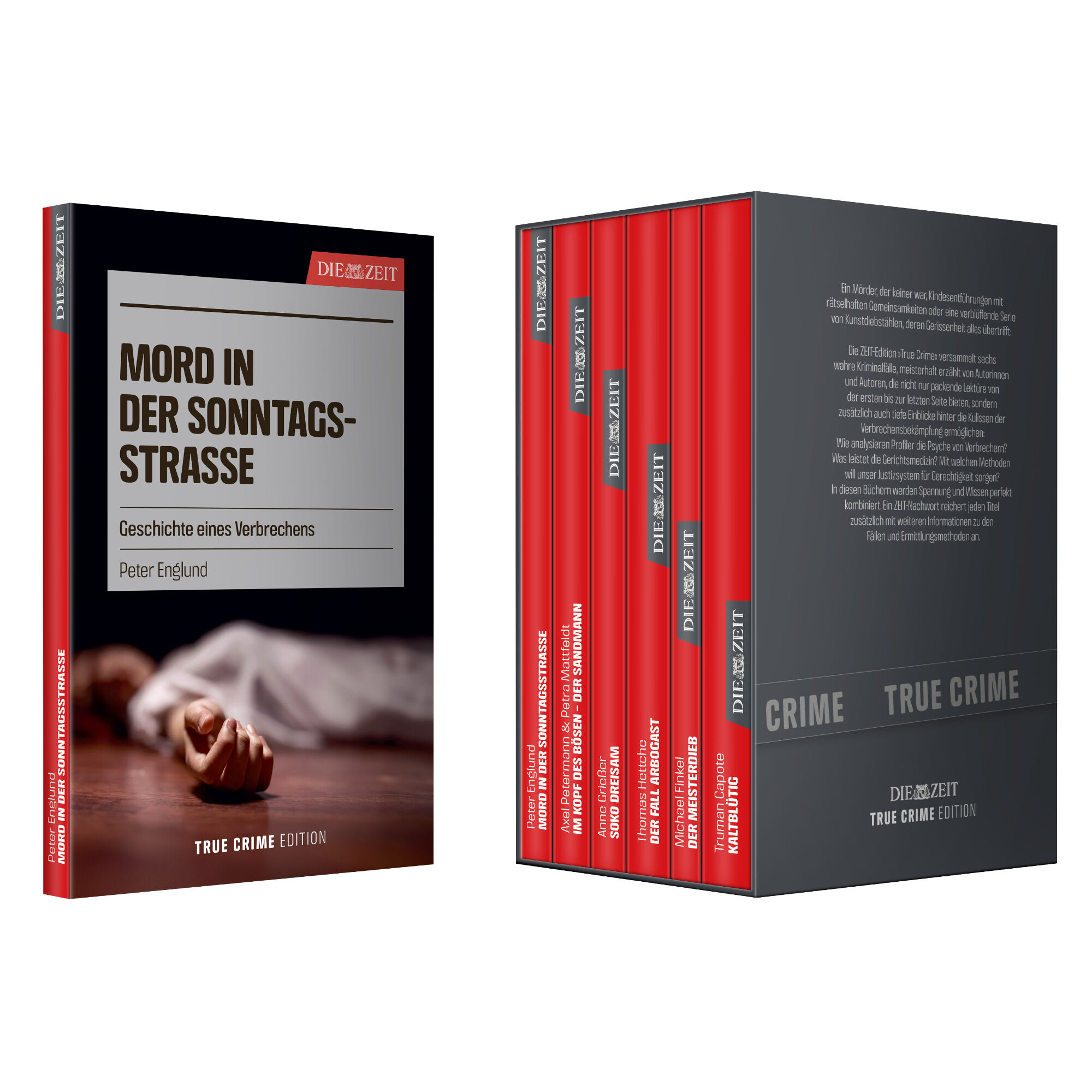 Die ZEIT-Edition »True Crime« zeigt eine Reihe von Büchern mit roten und schwarzen Covern. Das Hauptbuch, »Mord in der Sonntagsstraße«, zeigt ein Bild eines ausgestreckten Arms auf dem Boden. Die Bücher sind ordentlich nebeneinander aufgereiht und tragen den Schriftzug 'Die ZEIT' und 'True Crime Edition'.