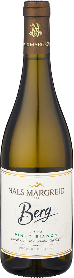 Abgebildet ist eine schlanke Weinflasche aus grünem Glas mit Korkverschluss und goldener Manschette. Das weiße Etikett trägt die Aufschrift „Nals Margreid Berg 2022 Pinot Bianco“ in verschiedenen Schriftarten und Farben. Die Flasche wirkt edel und hochwertig.