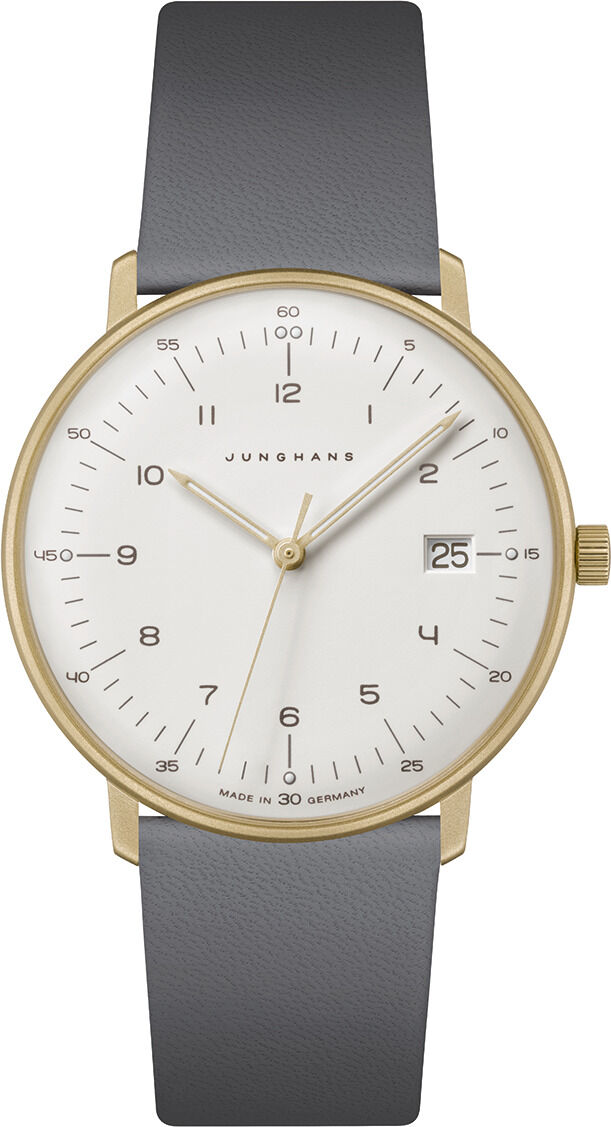 Die ZEIT Sonderedition 'max bill Damen' Uhr von Junghans zeigt sich in einem minimalistischen Design mit einem goldenen Gehäuse, einem weißen Zifferblatt und einem schwarzen Armband.