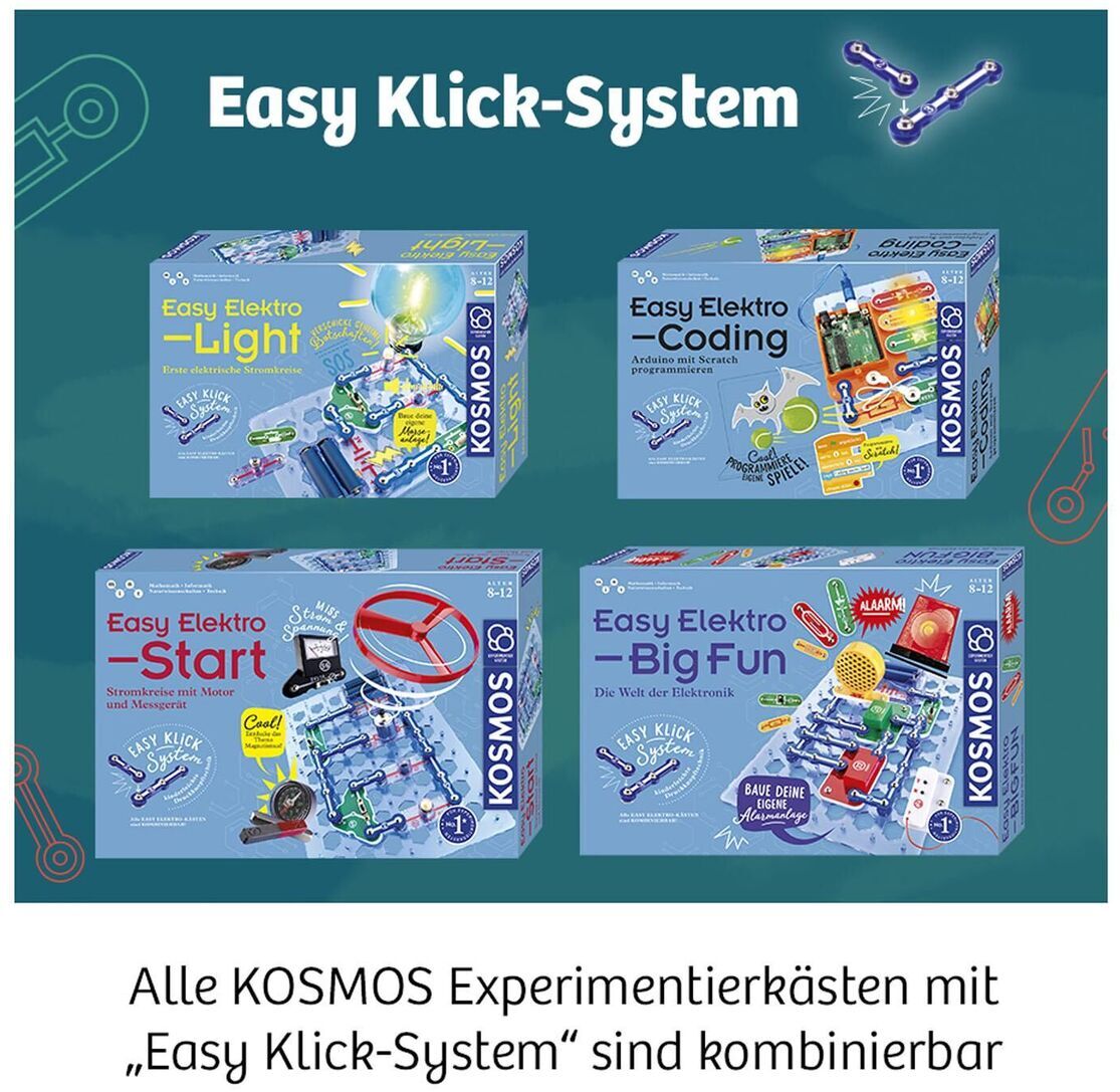 Das Bild zeigt vier Kosmos Experimentierkästen: Easy Elektro - Light, Easy Elektro - Coding, Easy Elektro - Start und Easy Elektro - Big Fun. Diese Kästen sind mit dem 'Easy Klick-System' kombinierbar. Der Hintergrund ist in verschiedenen Blau- und Grautönen gehalten. Jedes Paket beinhaltet anschauliche Darstellungen und Illustrationen zu den jeweiligen Experimentiersets.