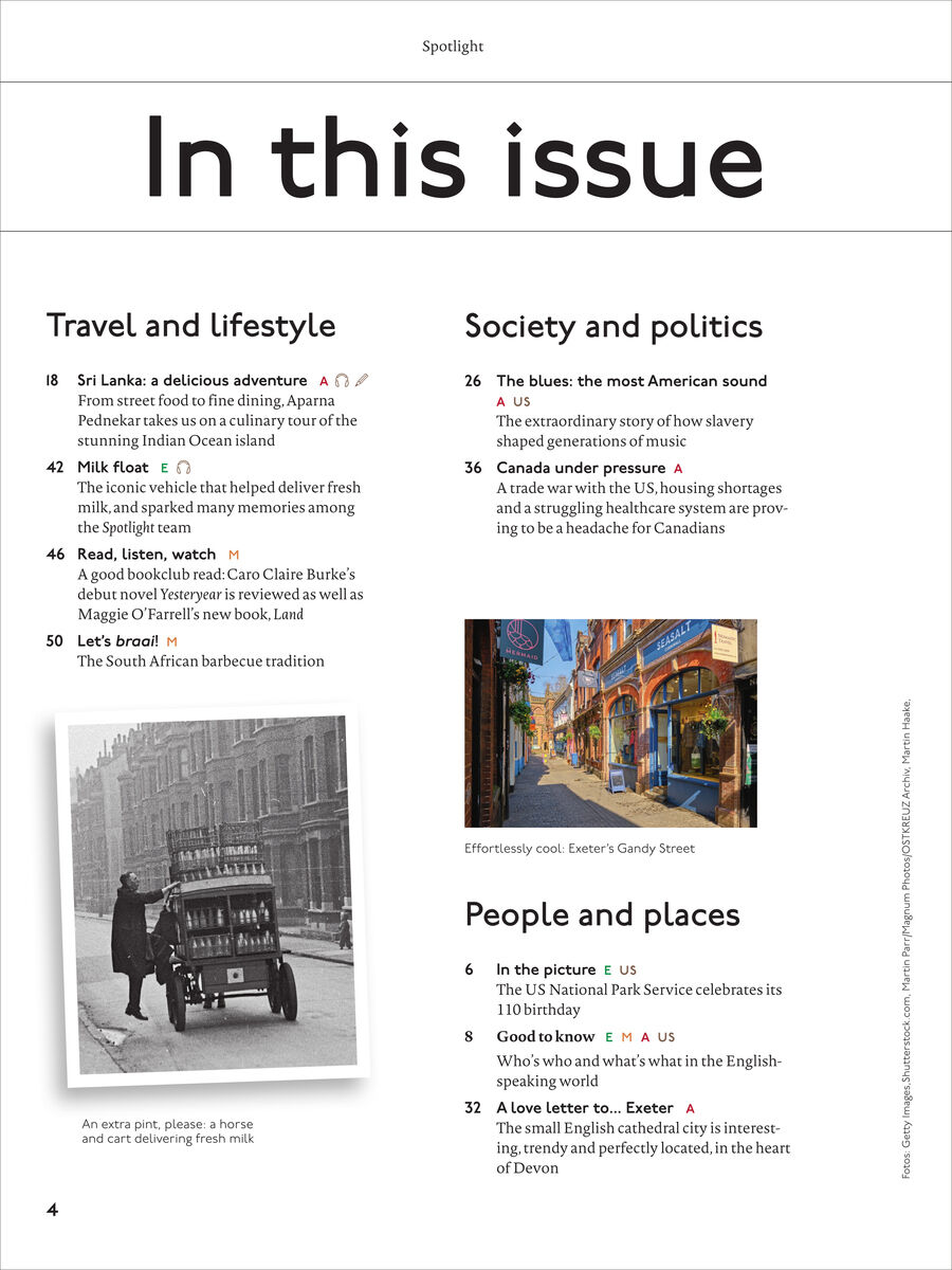 Detailreiche Seite mit dem Titel 'In this issue' aus dem Spotlight Magazin 10/2026. Diverse Themen werden genannt, etwa Reise, Lifestyle, Gesellschaft und Politik. Enthält zwei Bilder: eines mit Kutsche in Schwarzweiß, eines mit bunter Straße. Klare, übersichtliche Gestaltung.
