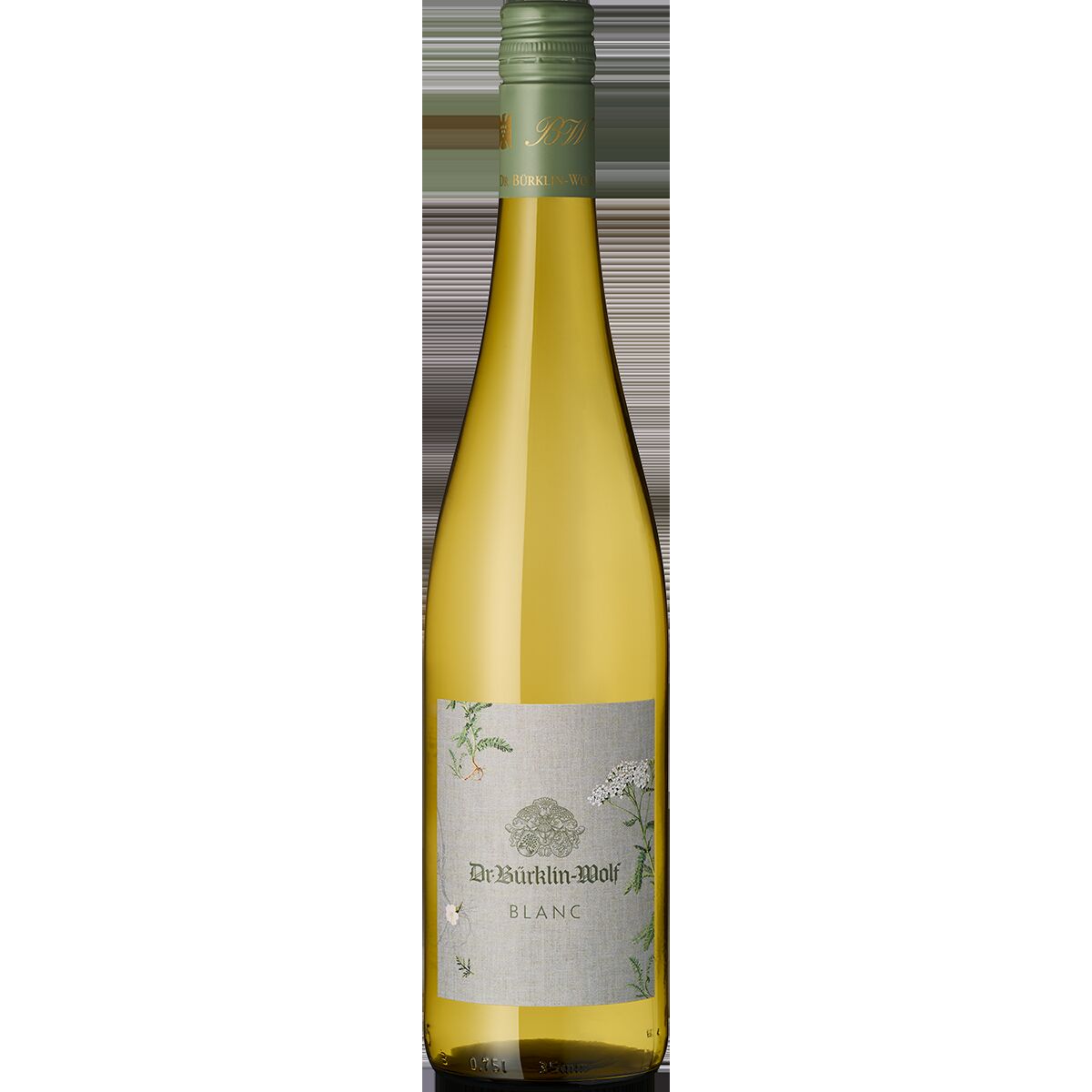 Eine hellgelbe Flasche Cuvee Blanc von Bürklin Wolf, mit grün-grauem Etikett und feinen floralen Mustern, stehend vor neutralem Hintergrund. Ideal als Geschenk oder für festliche Anlässe, 6er Weinpaket.