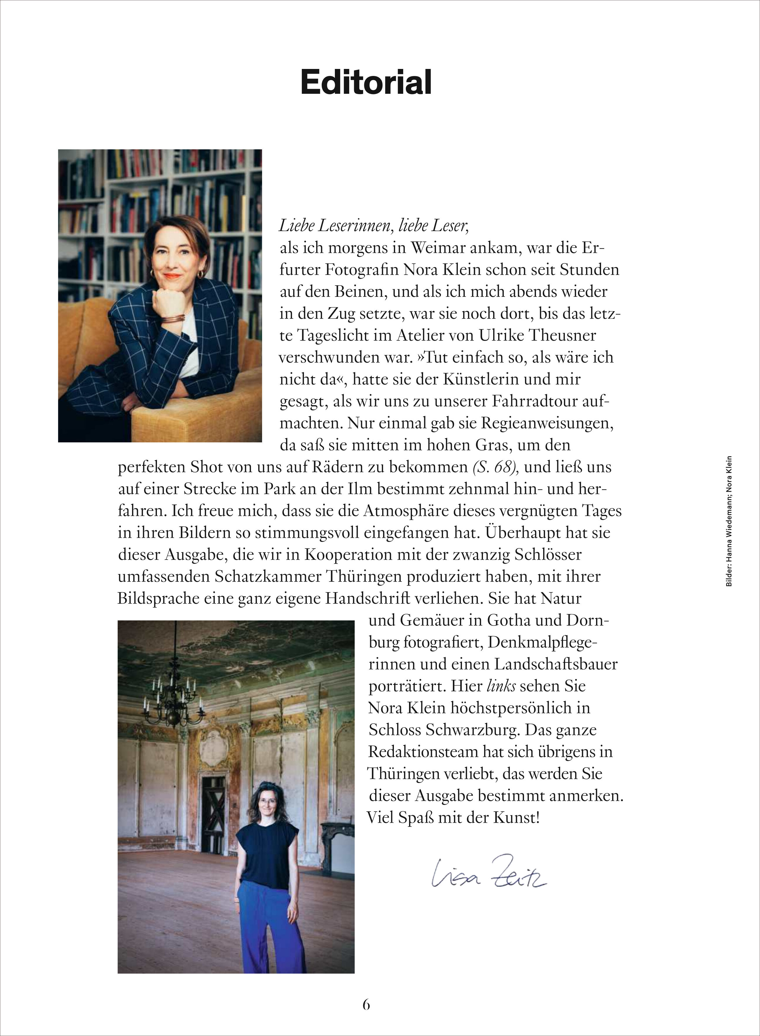 Titelseite eines Kunstmagazins mit dem Titel 'Editorial', abgebildet ist eine Frau an einem Tisch mit Büchern sowie ein großes Foto einer Frau vor einer reich verzierten Wand in einem historischen Gebäude. Der Text beschreibt das Thema Thüringen und künstlerische Fotografie.
