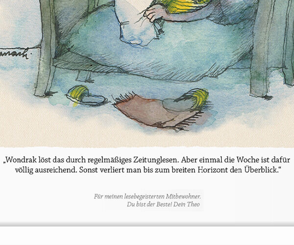 Illustration von Janosch zeigt eine Person, die in einem Bett sitzt und liest. Der Hintergrund ist in blau und grün Tönen gehalten und wirkt beruhigend. Ein Text befindet sich unter dem Bild, der humorvolle und nachdenkliche Inhalte vermittelt.