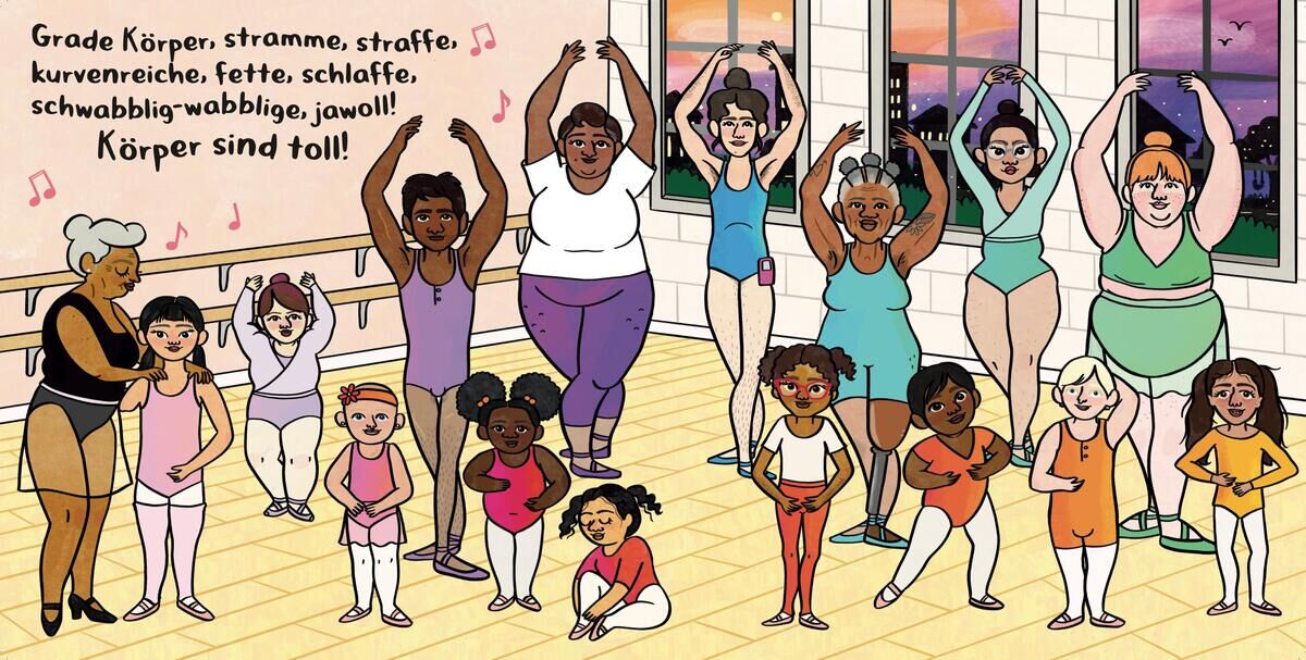 Die Illustration zeigt eine Gruppe von Frauen und Kindern in einem Tanzstudio, die verschiedene Körperformen und Hauttöne repräsentieren. Alle tragen verschiedene Ballettoutfits und führen Tanzbewegungen aus. Im Hintergrund sind Fenster und helle Wände zu sehen. Die Botschaft des Bildes lautet: 'Körper sind toll!' und fördert Körperpositivität und Inklusivität.