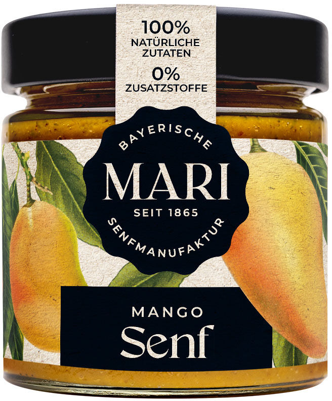 Ein Glas »Mango Senf« von Mari-Senf, hergestellt in Bayern. Das Etikett zeigt Mangofrüchte und enthält Informationen zu natürlichen Zutaten und der Abwesenheit von Zusatzstoffen.