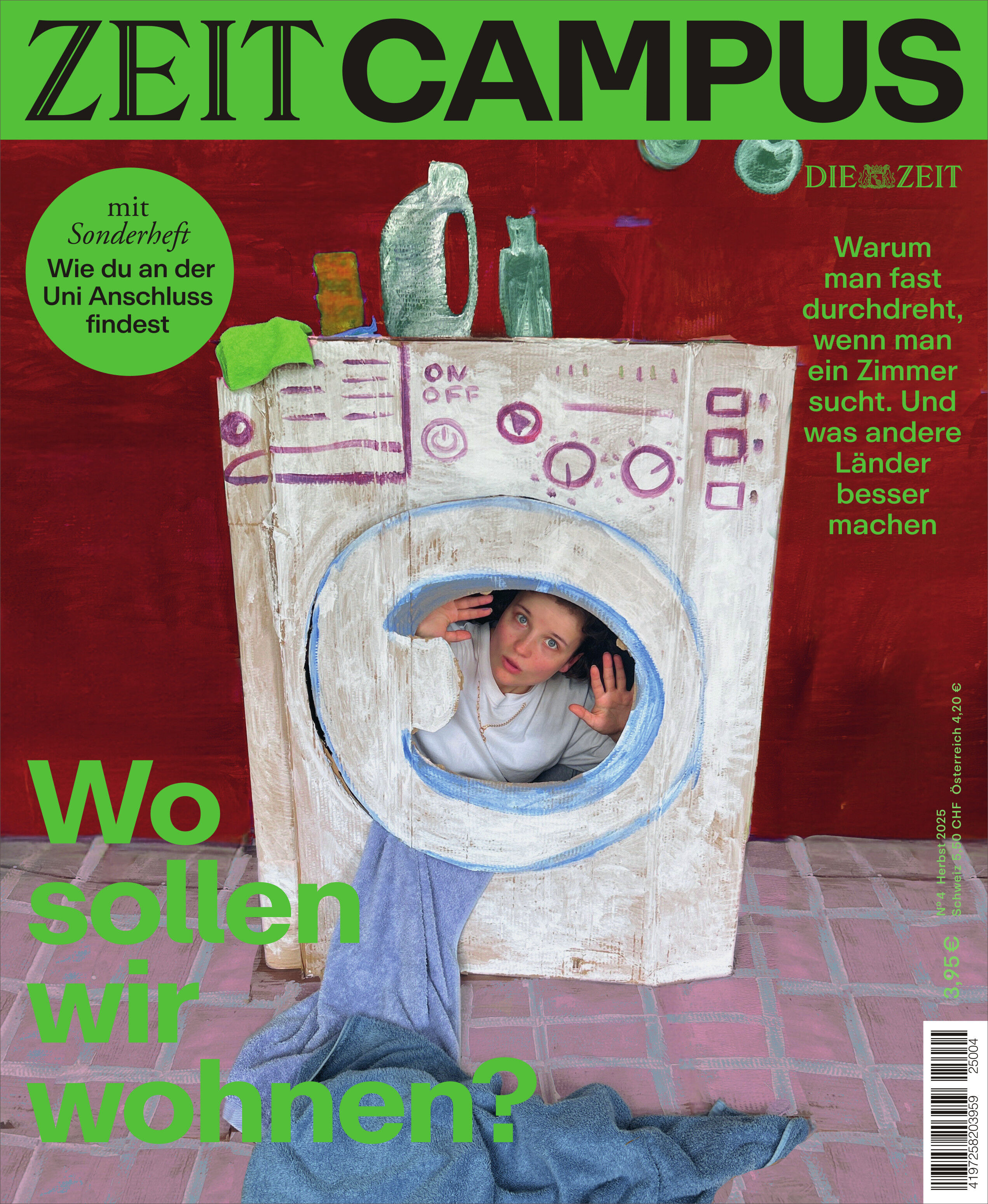 Titelbild der Zeitschrift ZEIT CAMPUS 4/25 mit einer jungen Person, die durch die Tür einer gemalten Waschmaschine schaut. Der Hintergrund ist farbenfroh mit roten und grünen Elementen gestaltet. Text auf dem Cover thematisiert Wohnungssuche für Studierende und Hochschulzugang.