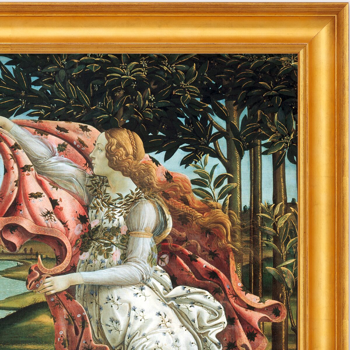 Detailreich gerahmtes Leinwandbild von Sandro Botticellis „Die Geburt der Venus“. In harmonischen Pastelltönen dominiert Venus auf einer Muschel im Mittelgrund, getragen von Meereswellen; flankiert von windbeseelten Gestalten, Blumen und grüner Landschaft. Edler Keilrahmen, hochwertige Druckdetails, 90 x 60 cm.