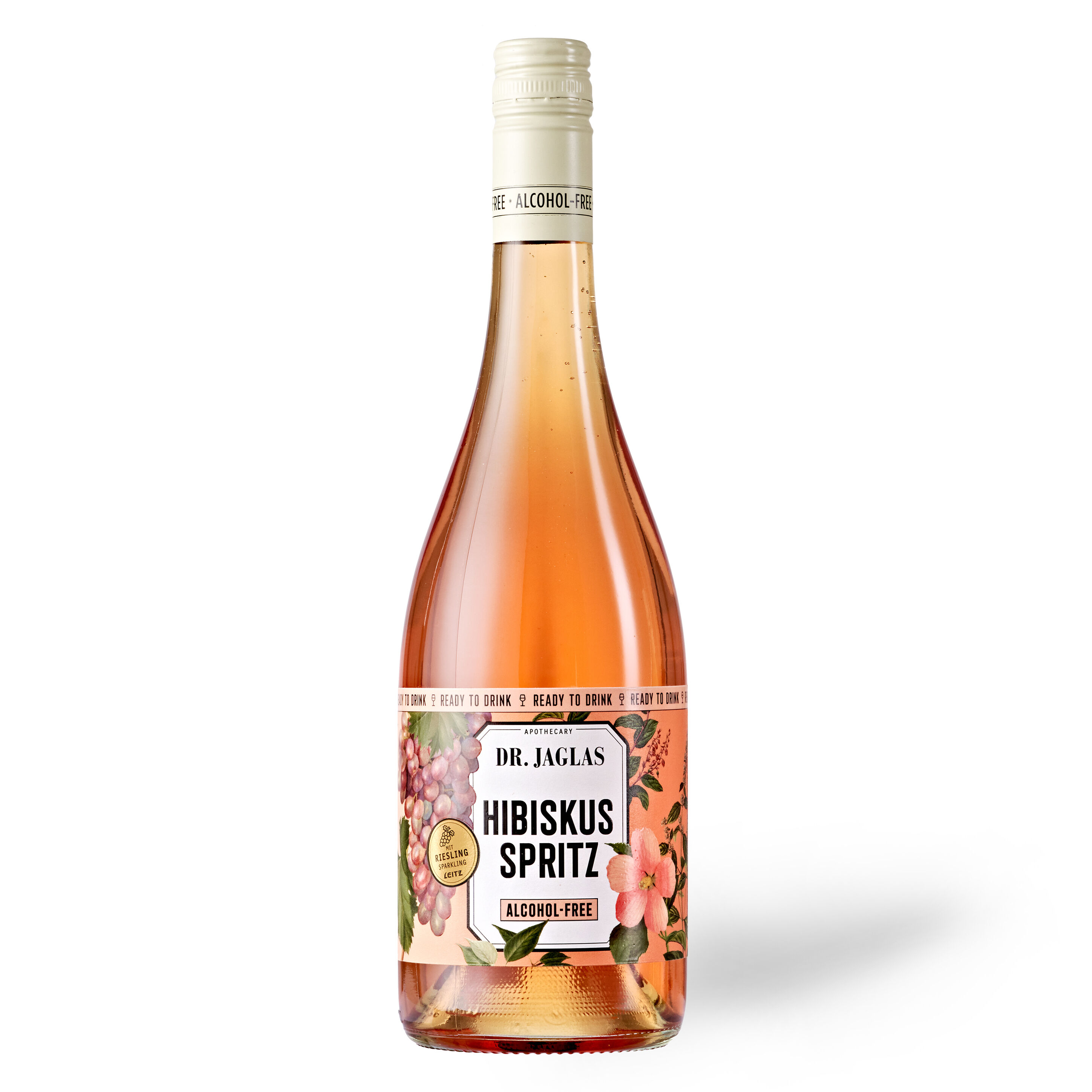 Flasche alkoholfreier Hibiskus Aperitif mit rosa Flüssigkeit und dekorativem Etikett mit Blumenmotiv.