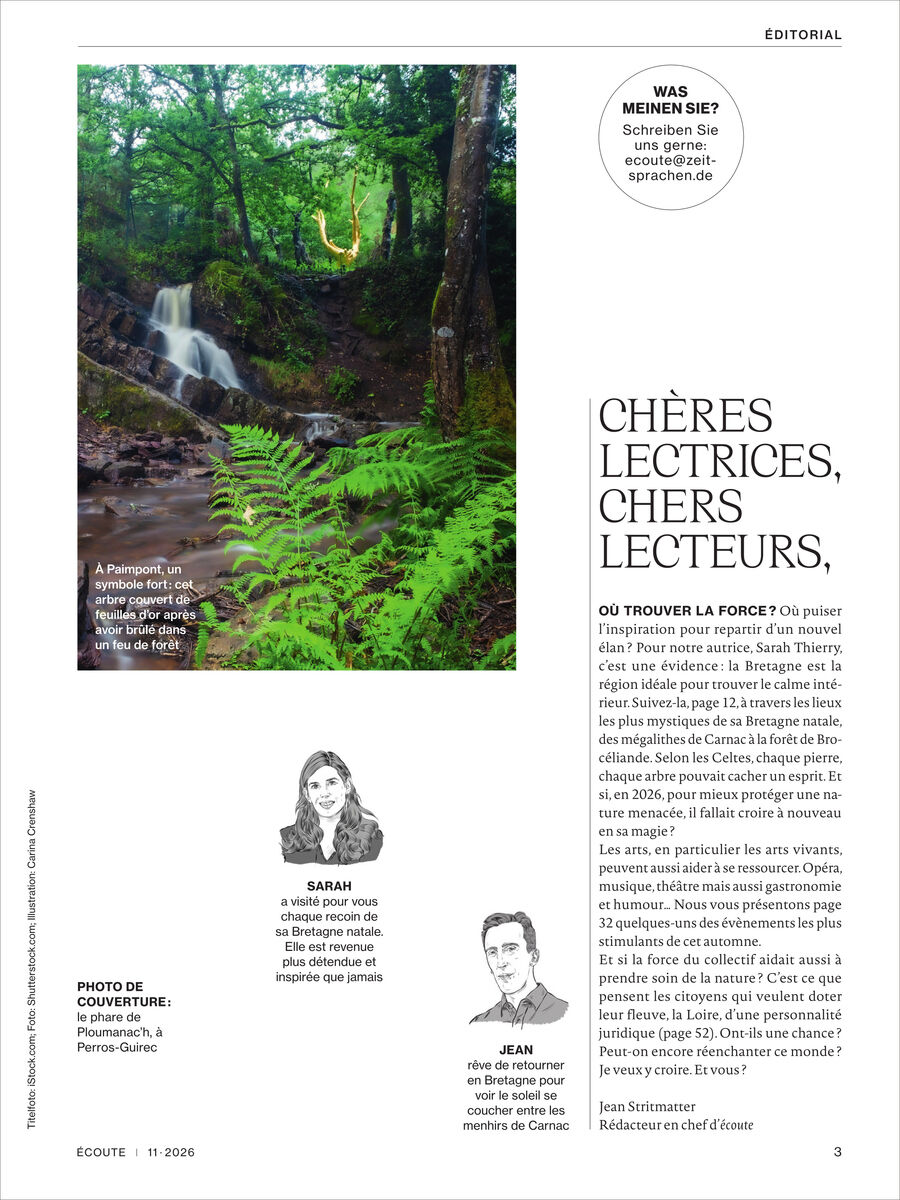 Die Seite zeigt das Editorial von Écoute Magazin 11/2026 mit einem großen Naturfoto von Farn und Wasserfall im Wald. Rechts steht ein Editorial-Text an Leser. Unten Porträts von zwei Redakteuren, Sarah und Jean, mit Kurztext. Klar strukturierte, helle Gestaltung.