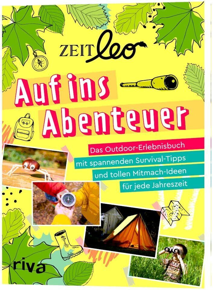 Abbildung des ZEIT LEO Outdoor-Erlebnisbuchs 'Auf ins Abenteuer', ein bunt illustriertes Buch für Kinder mit Survival-Tipps und Mitmach-Ideen. Das Cover zeigt Outdoor-Motive wie Blätter, ein Fernglas, ein Zelt und ein Lagerfeuer.