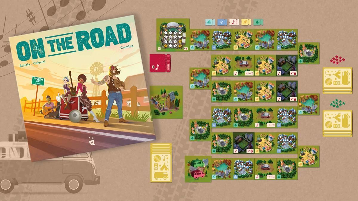 Ein Brettspiel namens 'On the Road' mit einer farbenfrohen Illustration auf dem Cover, die einen Roadtrip zeigt. Auf dem Spielfeld sind verschiedene Karten, Spielfiguren und Würfel zu sehen. Ideal für Familien und Freunde bei besonderen Anlässen wie Weihnachten oder Geburtstagen.