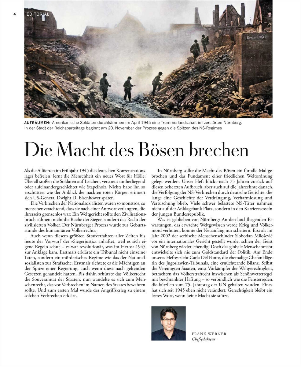 Eine Seite aus dem Magazin ZEIT Geschichte mit dem Titel 'Die Macht des Bösen brechen', einem Schwarzweiß-Foto von amerikanischen Soldaten in Nürnberg im Jahr 1945 und einem Text über die Nürnberger Prozesse. Unten rechts ist ein Bild und ein Zitat des Chefredakteurs Frank Werner.