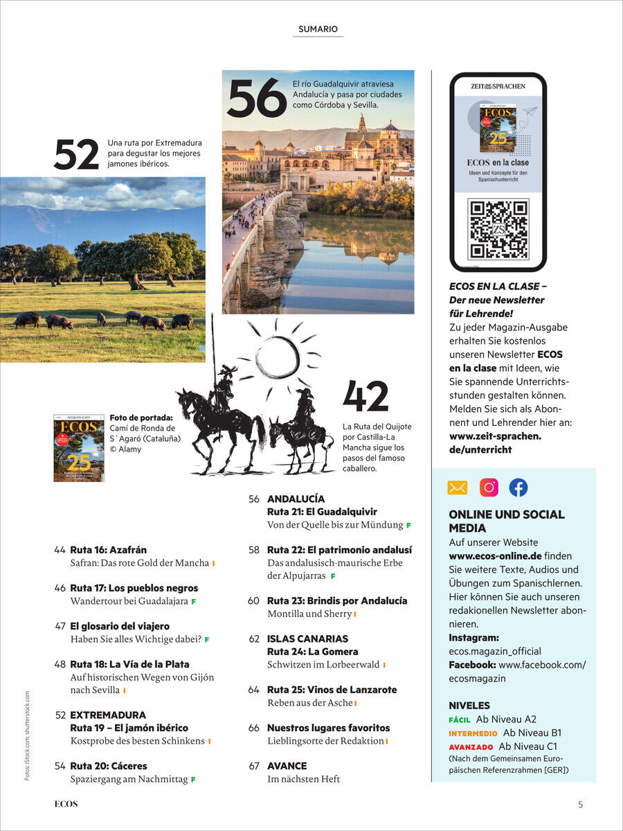 Titelseite eines Magazins mit Artikeln zu spanischen Regionen, Sehenswürdigkeiten und kulturellen Themen. Enthält Bilder einer Brücke, einer Landschaft und anderer Reisemotive.