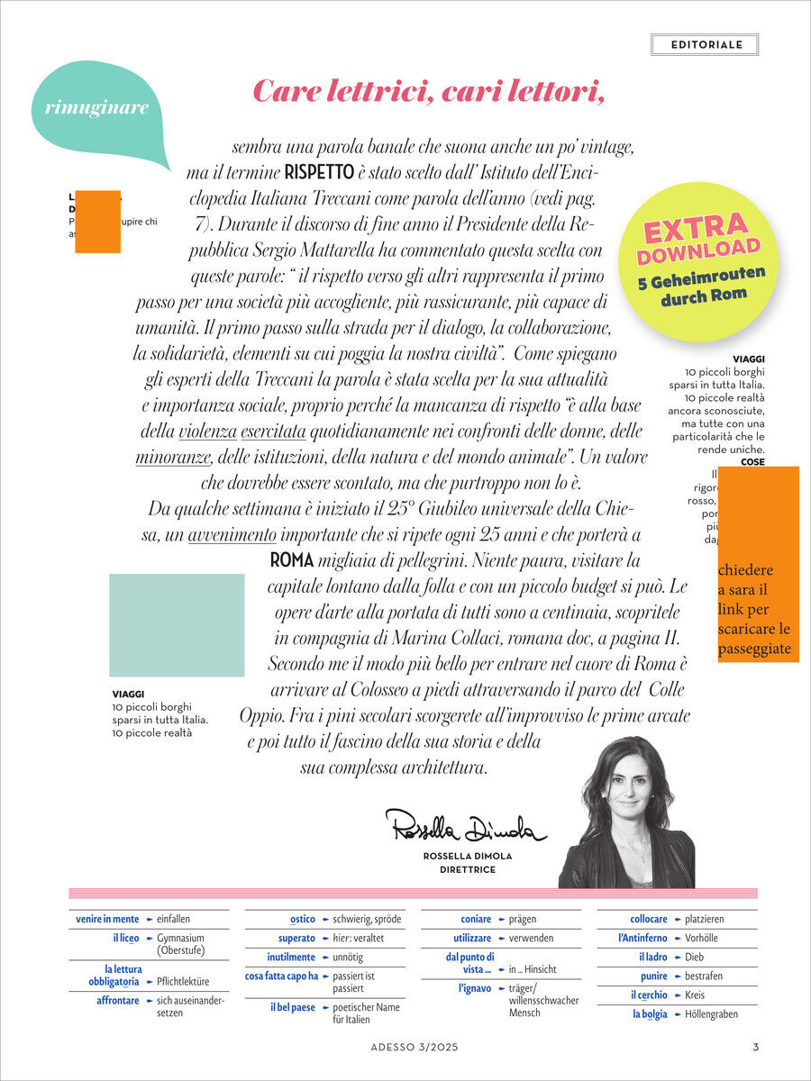 Cover der Zeitschrift Adesso Magazin 3/2025, das mit einem Editorial, Bildern und Texten über italienische Themen gestaltet ist. Enthält einen zusätzlichen Download-Link zu Sehenswürdigkeiten in Rom.